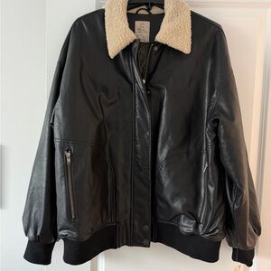 Free People Shana Vegan Aviator Leather Black Combo Jacket W/ Cream Collar Large